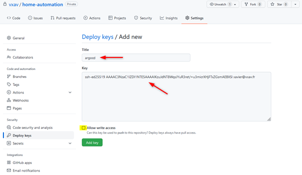 Add argocd ssh key to github repo