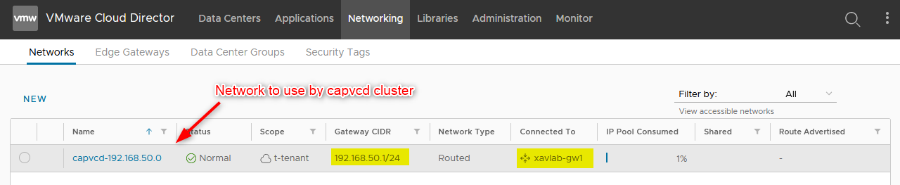 Create network in cloud director for capvcd